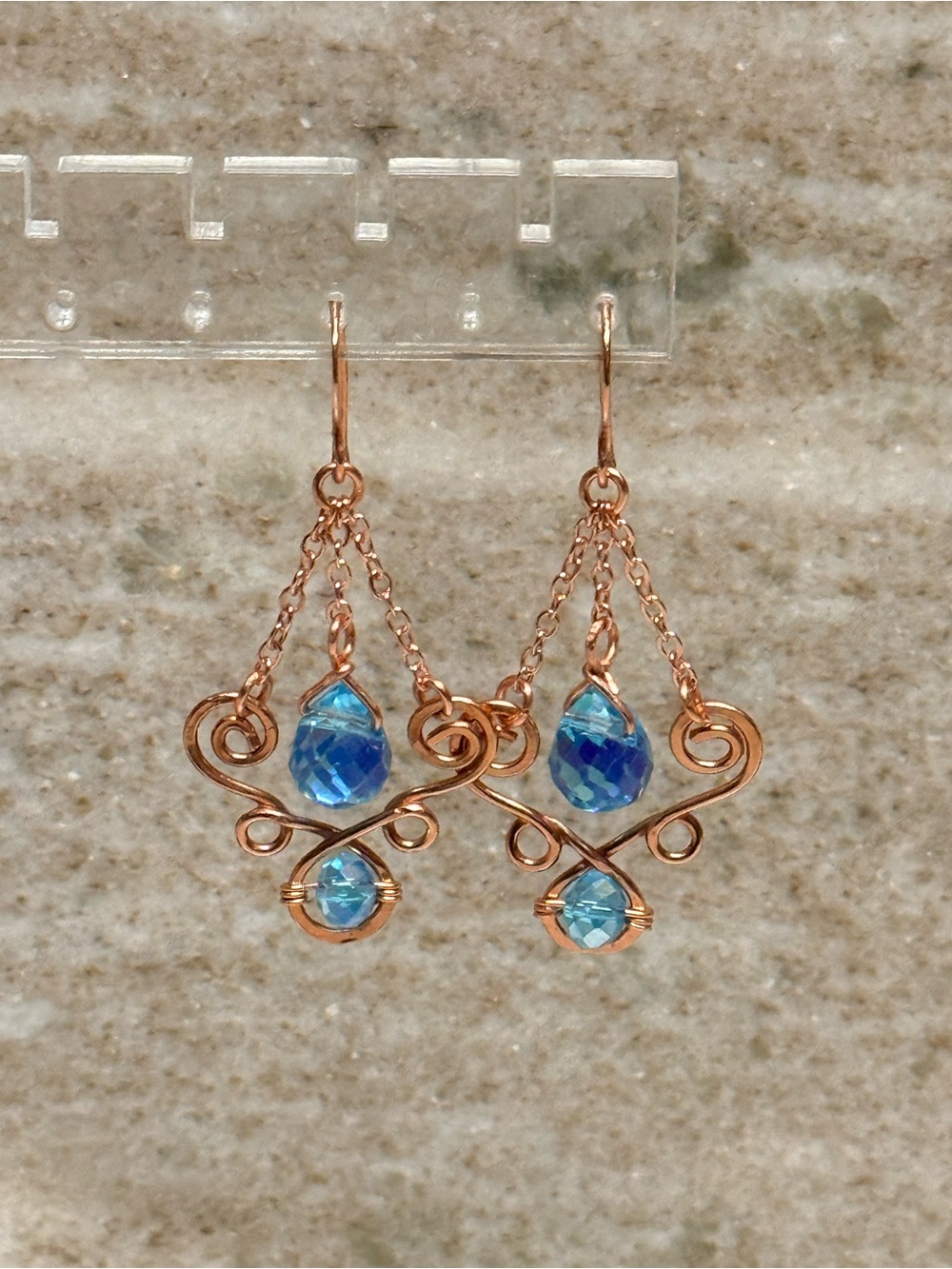 Artisan Rose Gold Pure Copper Chandelier Earrings with Blue Topaz Crystals